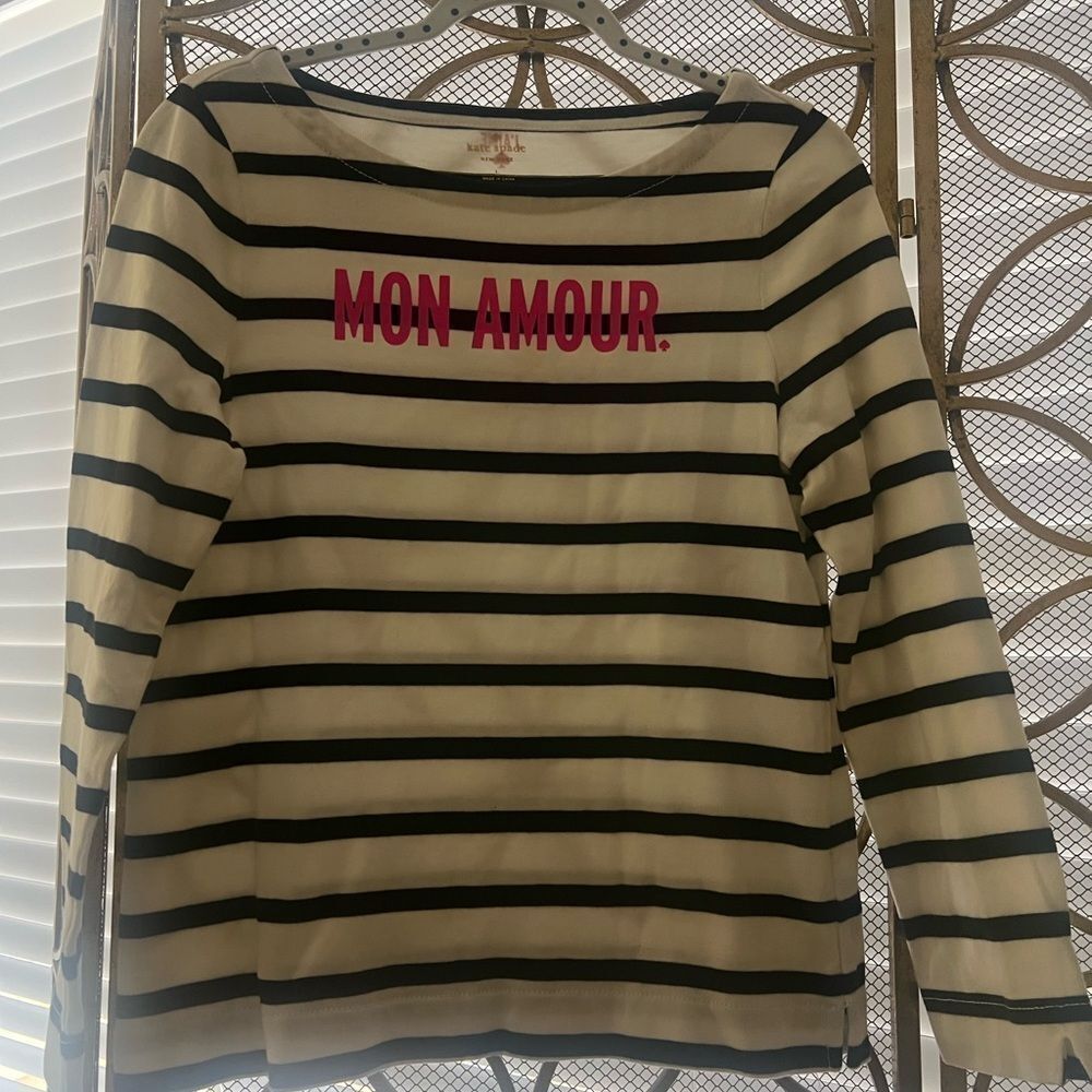 Adorable Kate Spade Black and White Striped Boat Neck Shirt Sz L